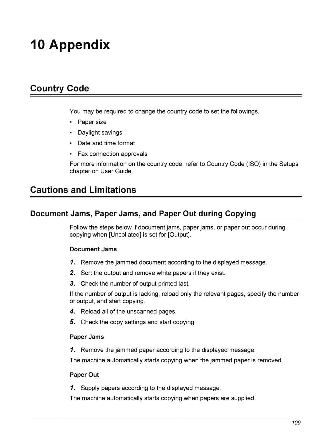 Xerox M118i Appendix, Country Code, Cautions and Limitations, Document Jams, Paper Jams, and Paper Out during Copying 