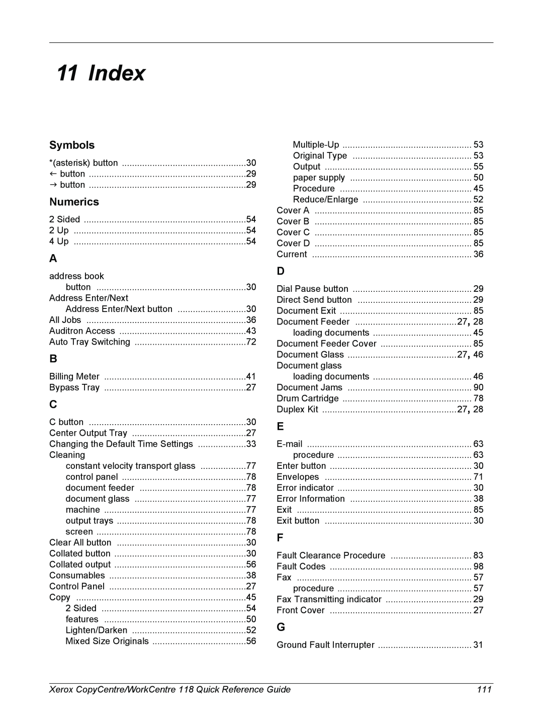 Xerox C118, M118i manual Symbols, Numerics, Index 