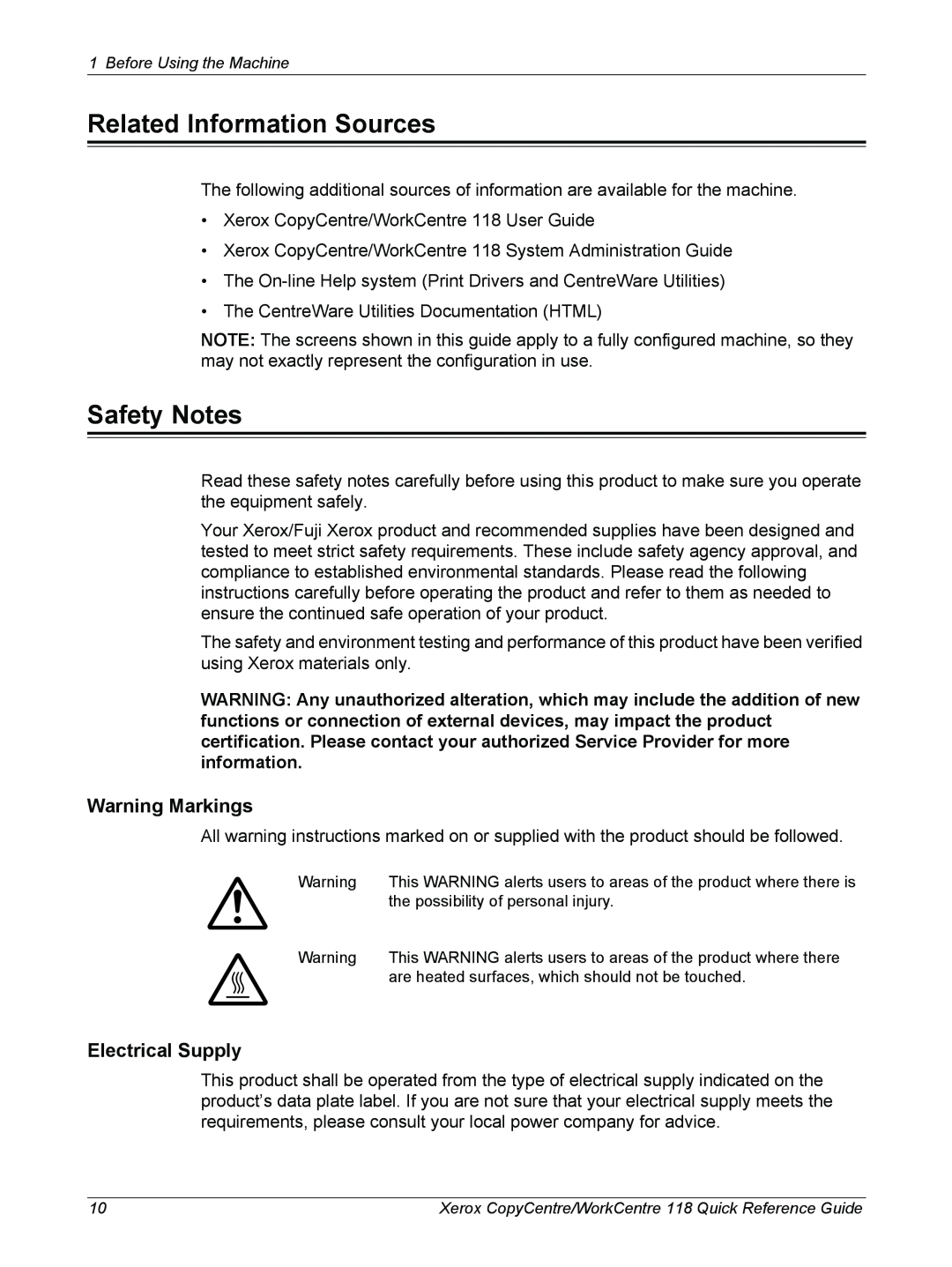 Xerox M118i, C118 manual Related Information Sources, Safety Notes, Warning Markings, Electrical Supply 