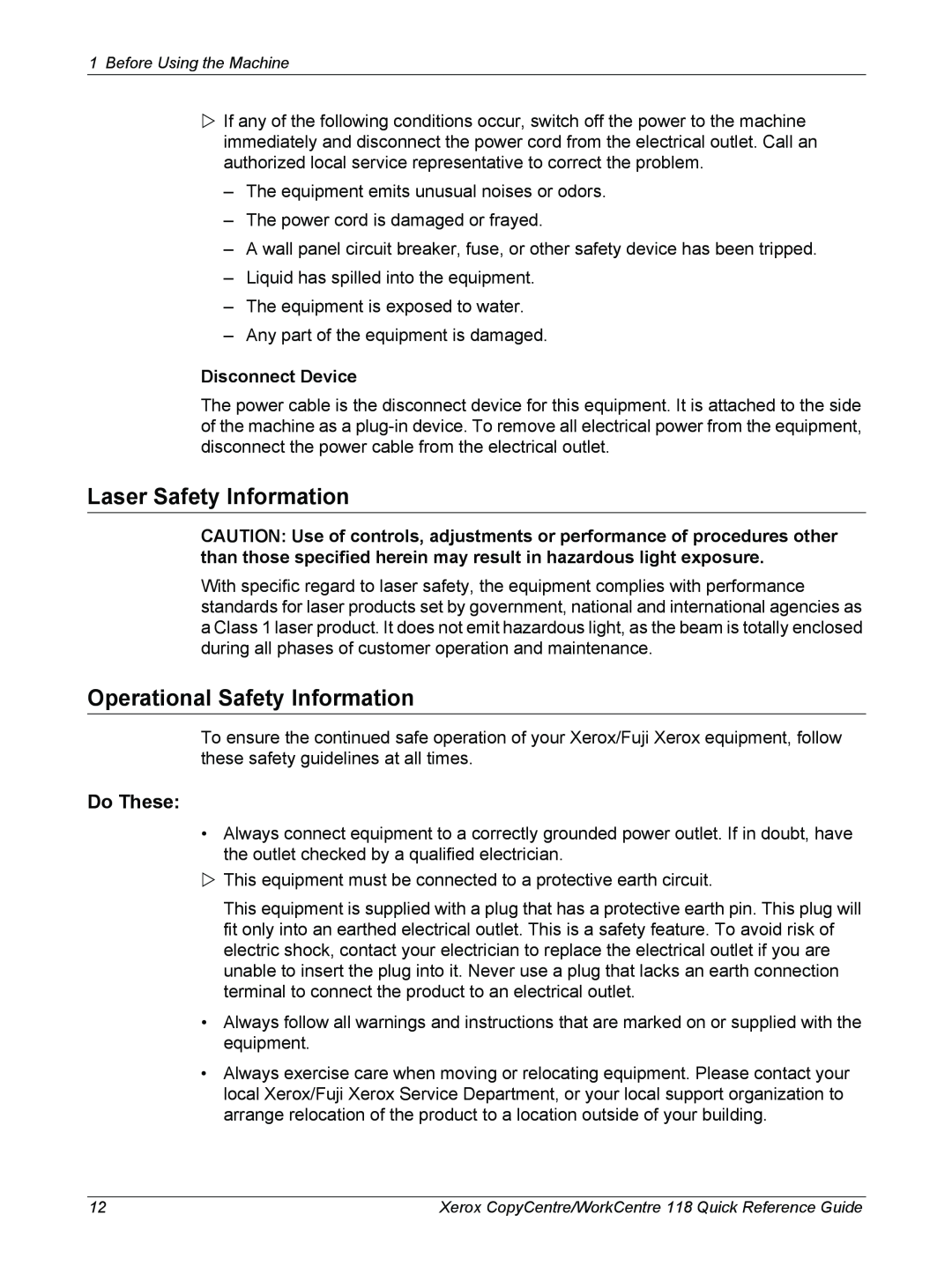 Xerox C118, M118i manual Laser Safety Information, Operational Safety Information, Do These, Disconnect Device 