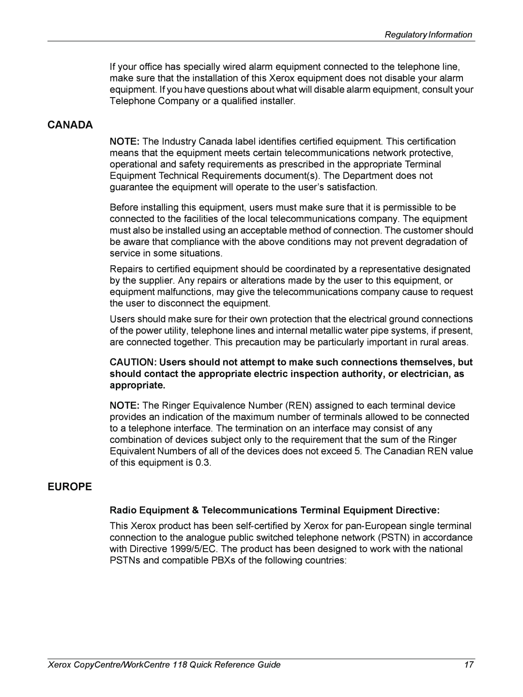 Xerox M118i, C118 manual Canada, Europe, Radio Equipment & Telecommunications Terminal Equipment Directive 