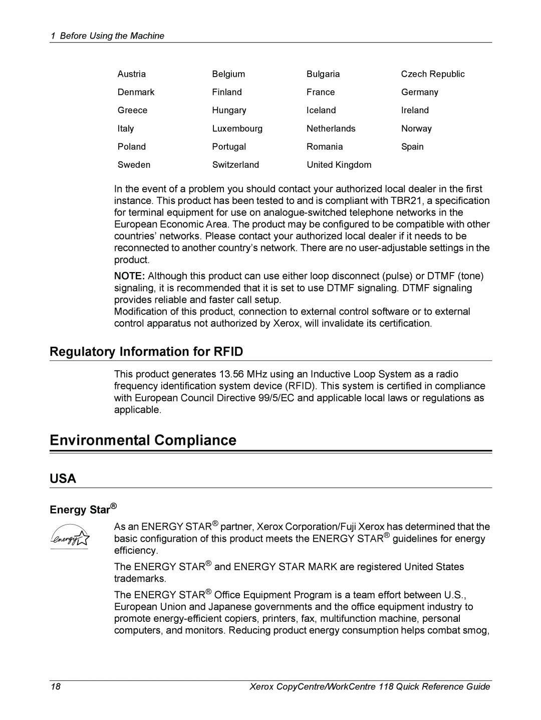 Xerox C118, M118i manual Environmental Compliance, Regulatory Information for RFID, Energy Star 