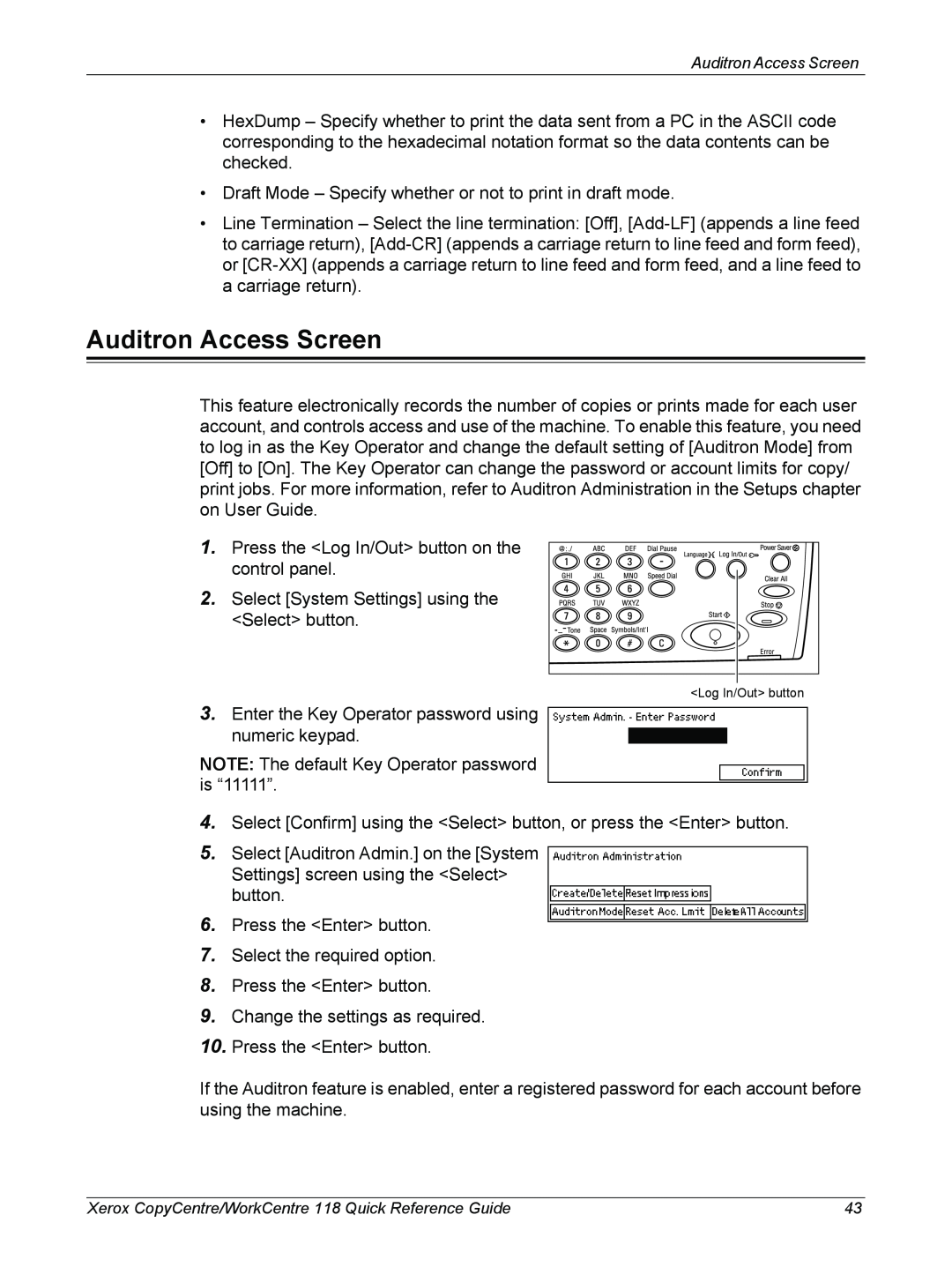 Xerox M118i, C118 manual Auditron Access Screen 