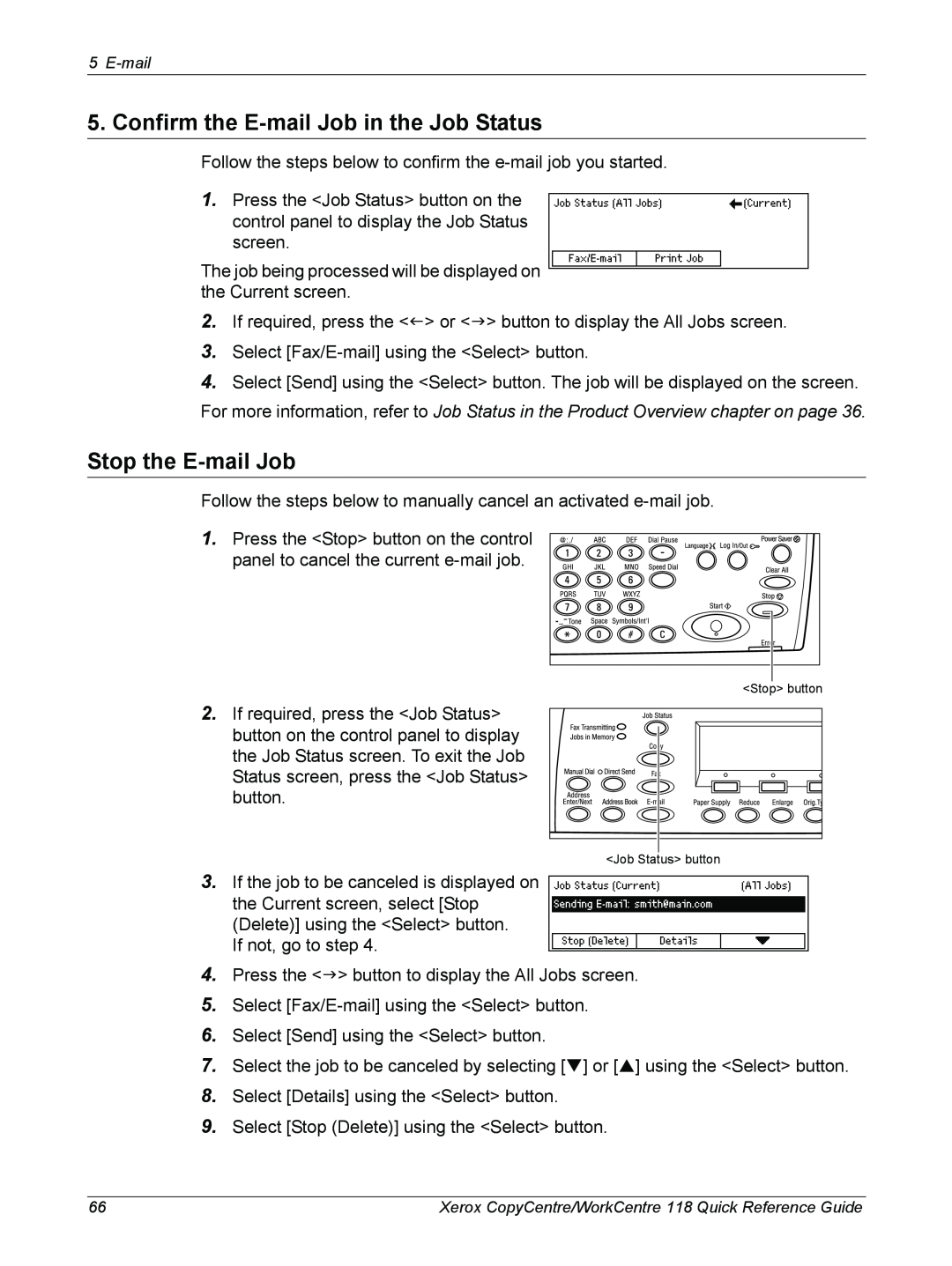 Xerox C118, M118i manual Confirm the E-mail Job in the Job Status, Stop the E-mail Job, Job Status button 