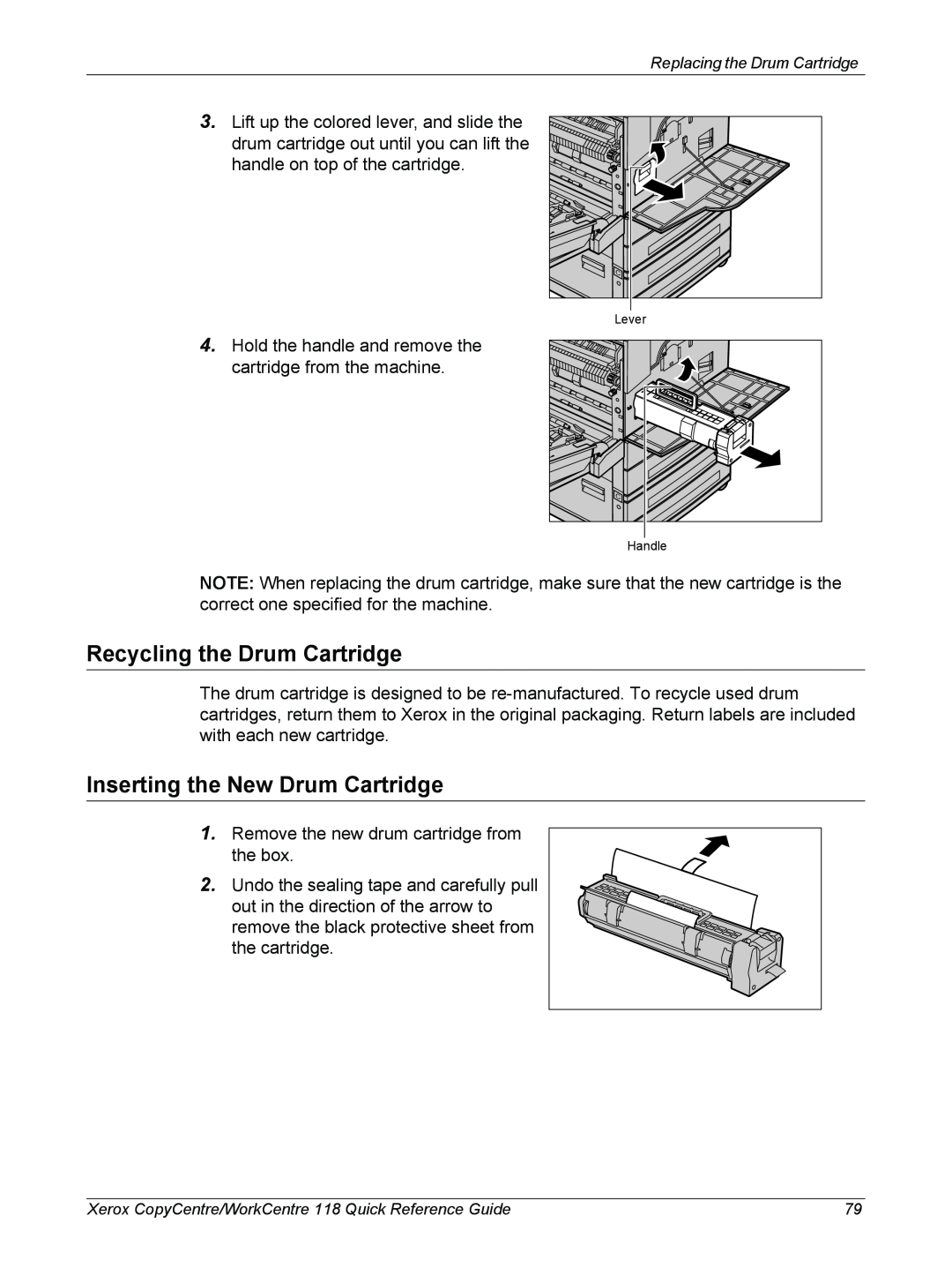 Xerox M118i, C118 manual Recycling the Drum Cartridge, Inserting the New Drum Cartridge 