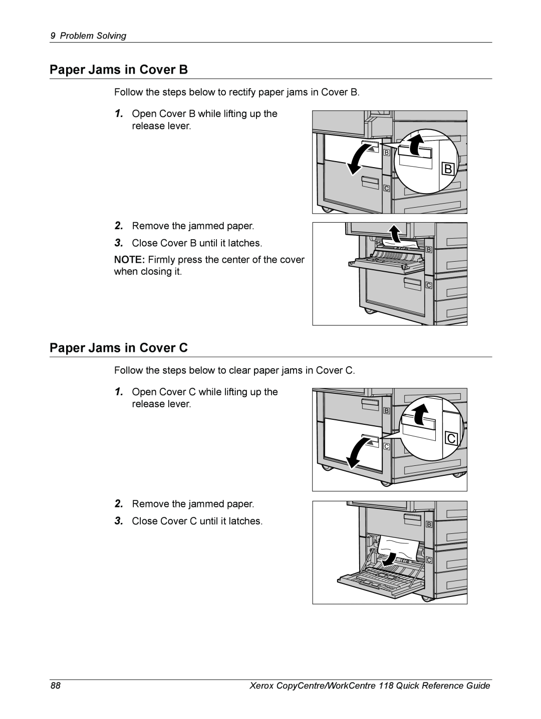 Xerox M118i, C118 manual Paper Jams in Cover B, Paper Jams in Cover C 