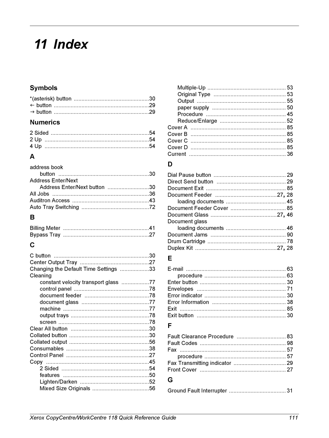 Xerox C118, M118i manual Symbols, Numerics 