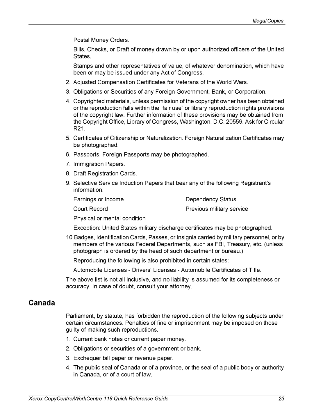 Xerox M118i, C118 manual Illegal Copies 