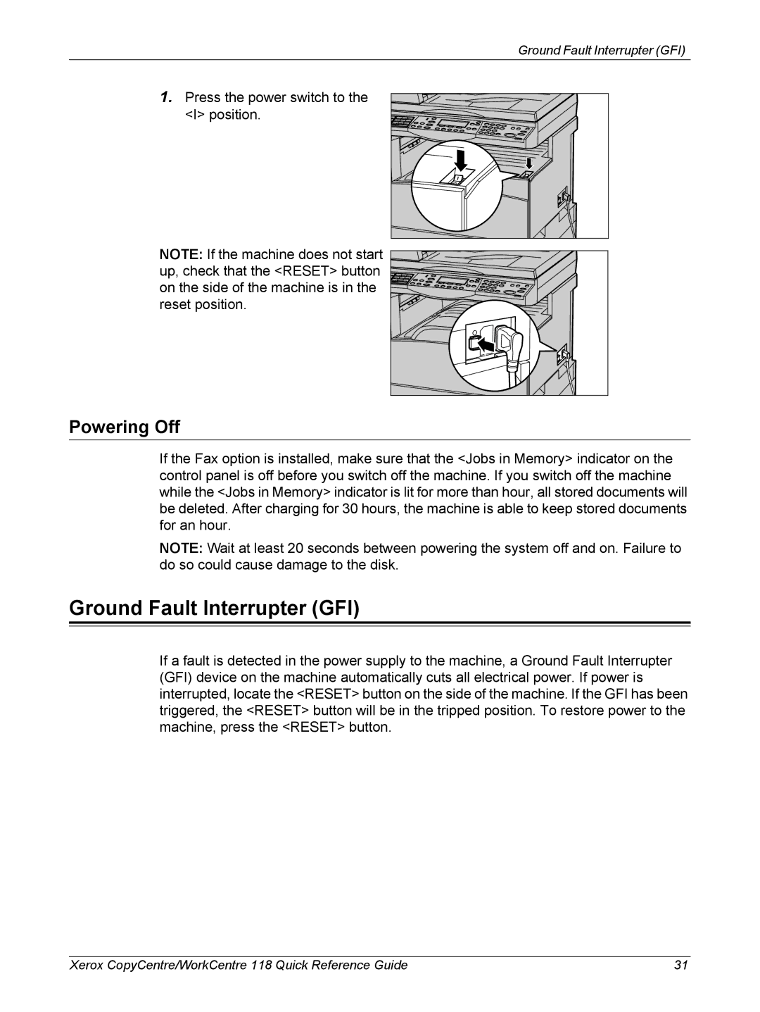 Xerox M118i, C118 manual Ground Fault Interrupter GFI, Powering Off 