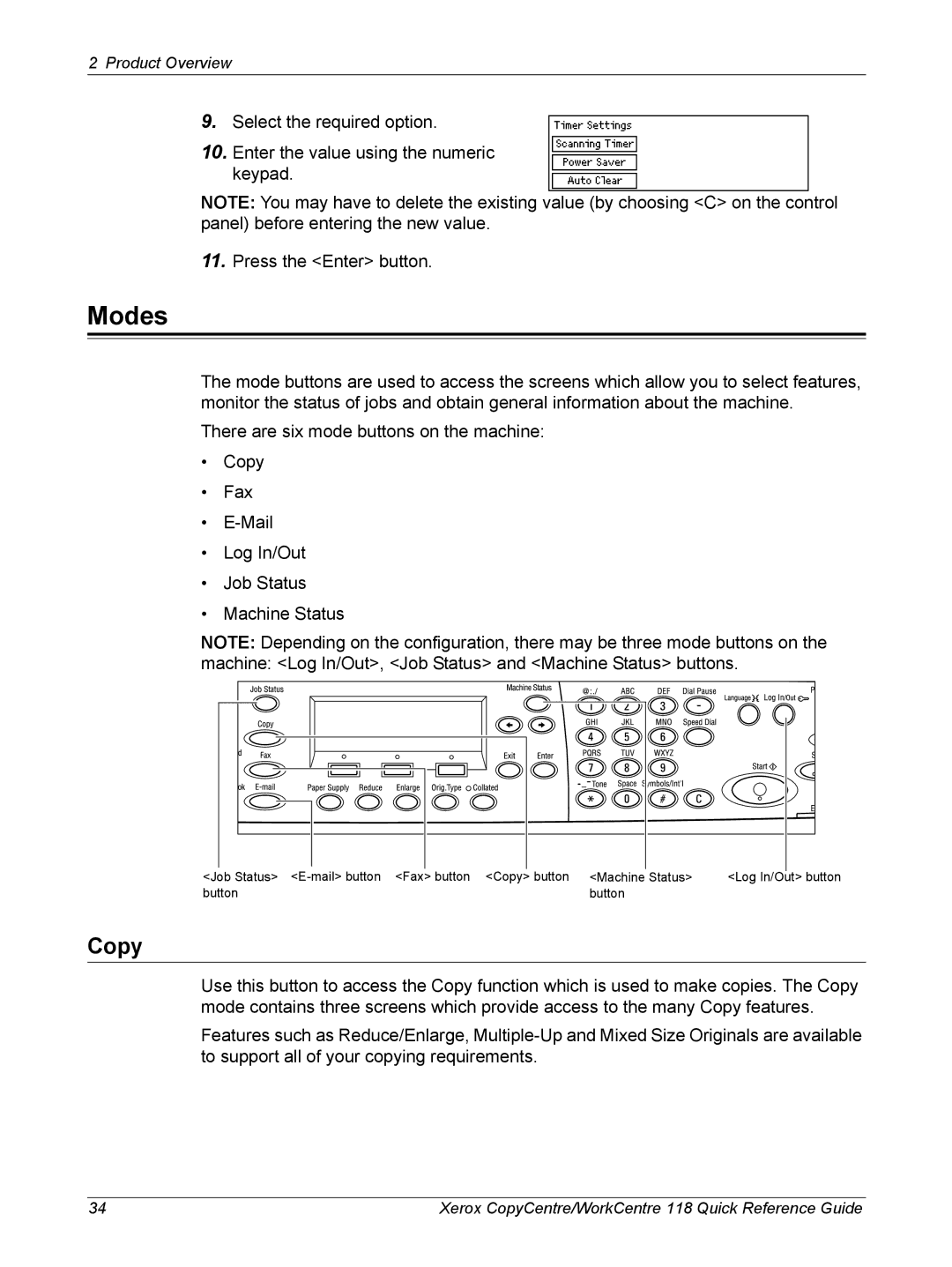 Xerox M118i, C118 manual Modes, Copy 