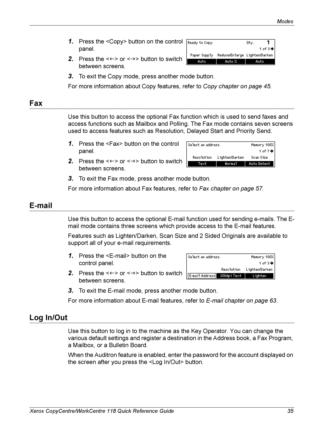 Xerox M118i, C118 manual Fax, Mail, Log In/Out 