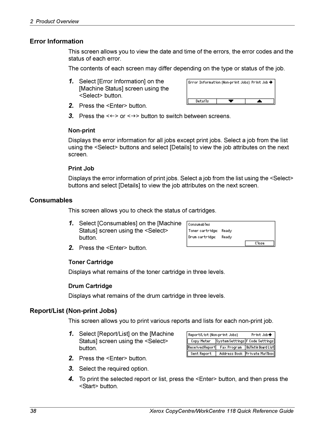 Xerox M118i, C118 manual Error Information, Consumables, Report/List Non-print Jobs 