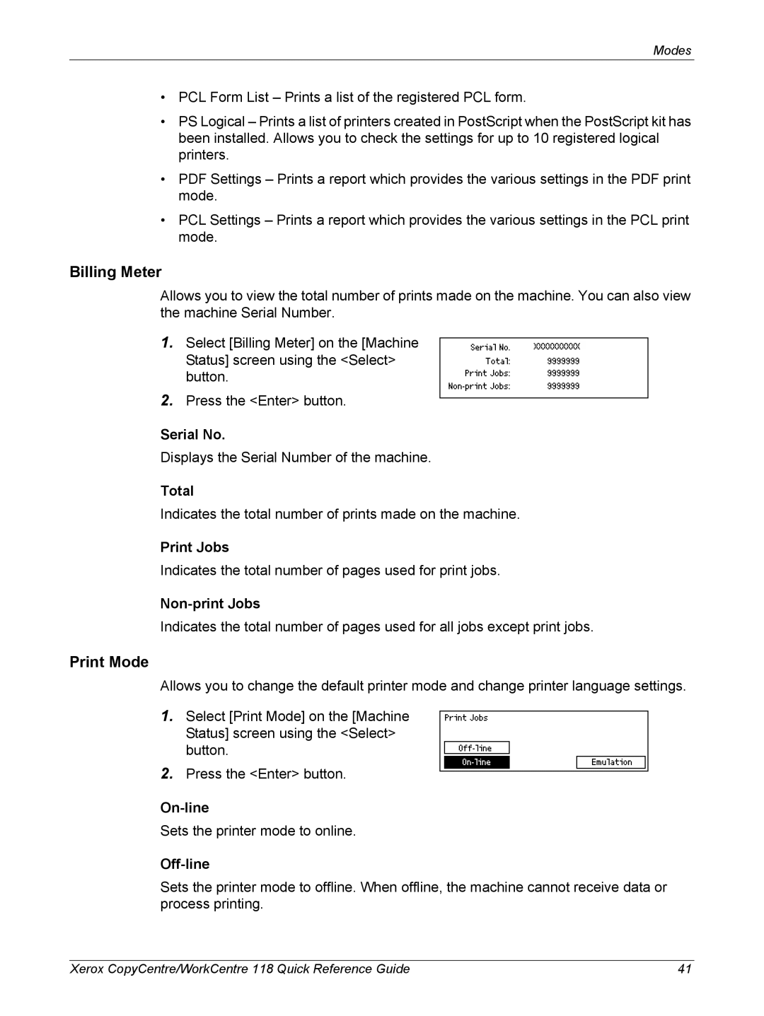 Xerox M118i, C118 manual Billing Meter, Print Mode 