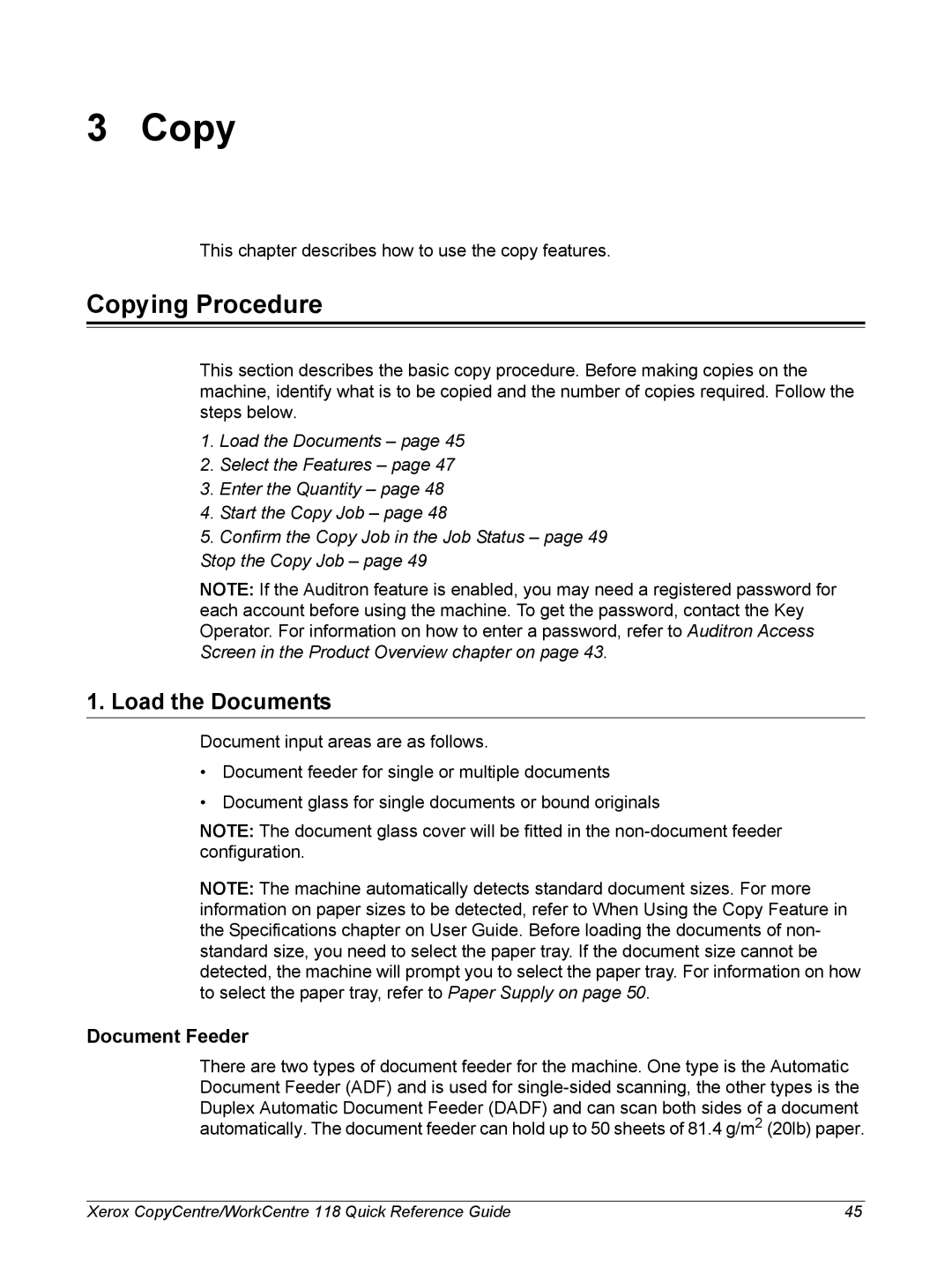 Xerox C118, M118i manual Copying Procedure, Load the Documents, Document Feeder 