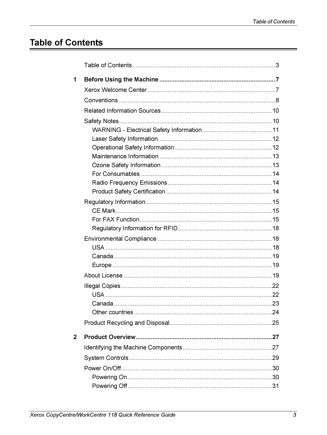 Xerox C118, M118i manual Table of Contents 