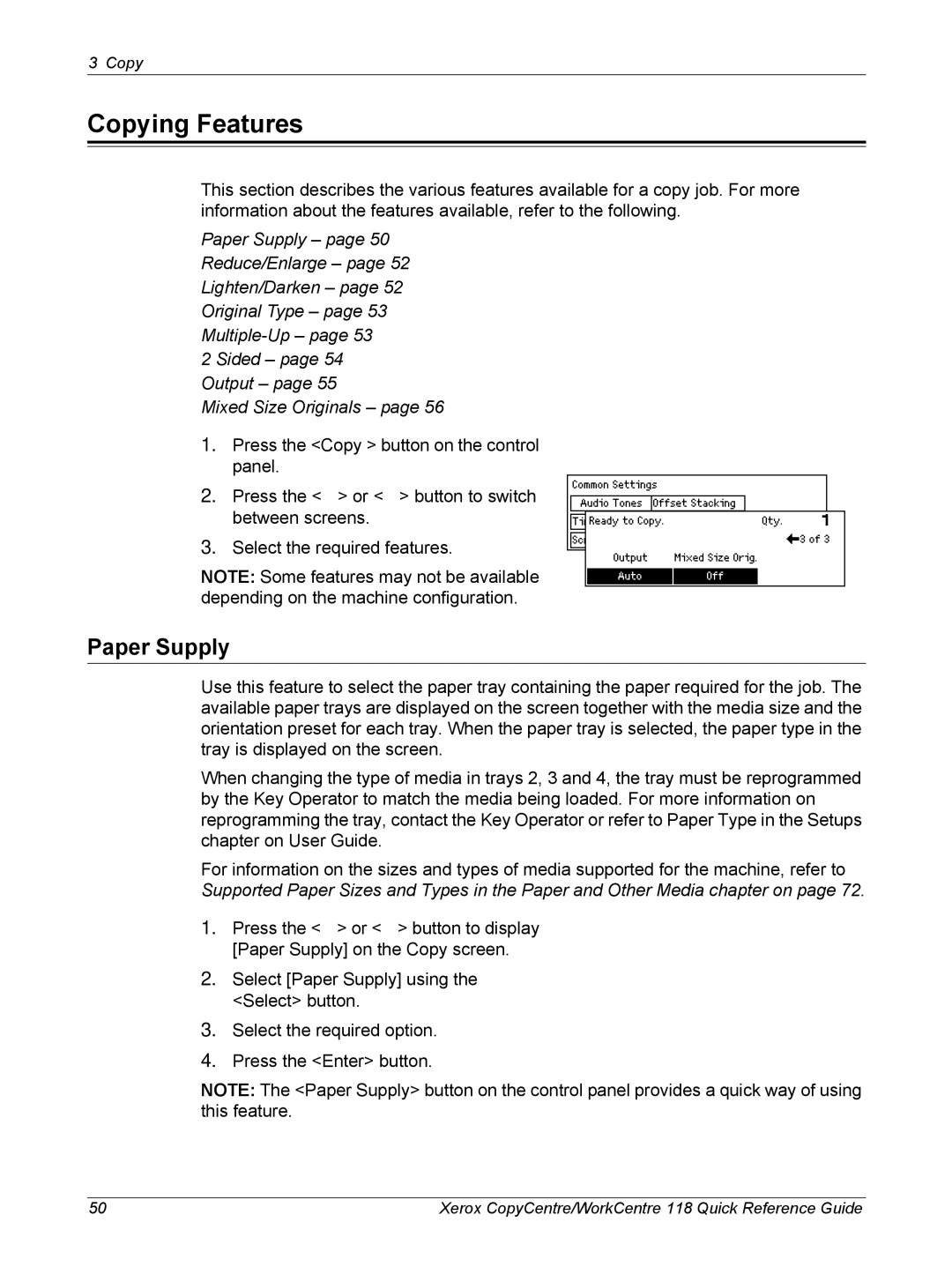 Xerox M118i, C118 manual Copying Features, Paper Supply 