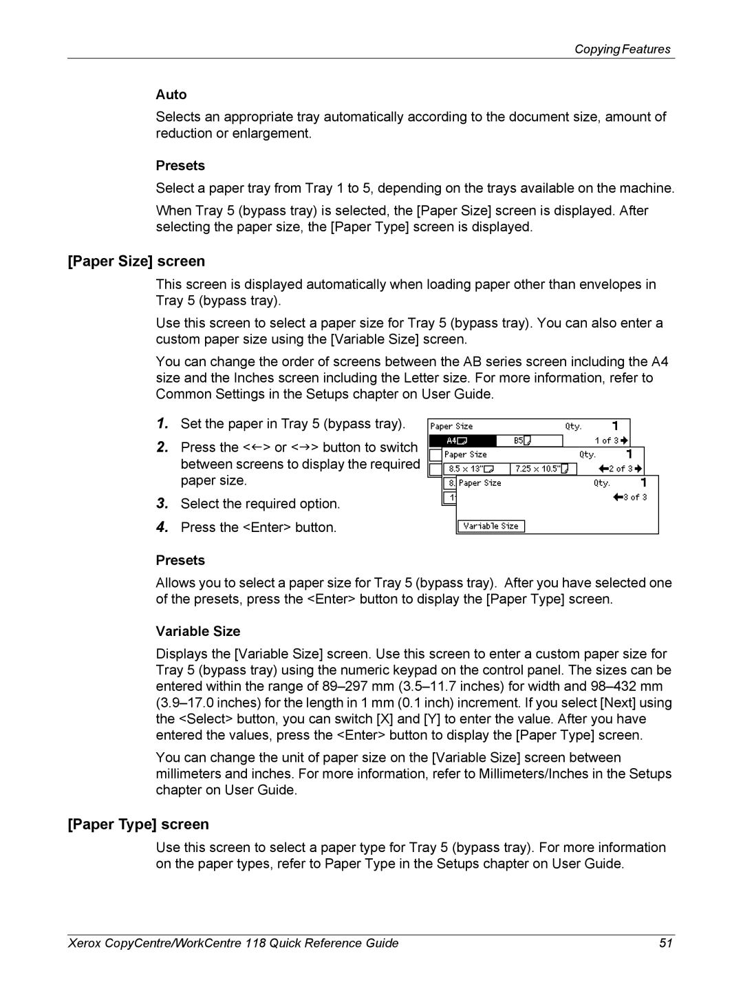 Xerox C118, M118i manual Paper Size screen, Paper Type screen, Auto, Presets, Variable Size 