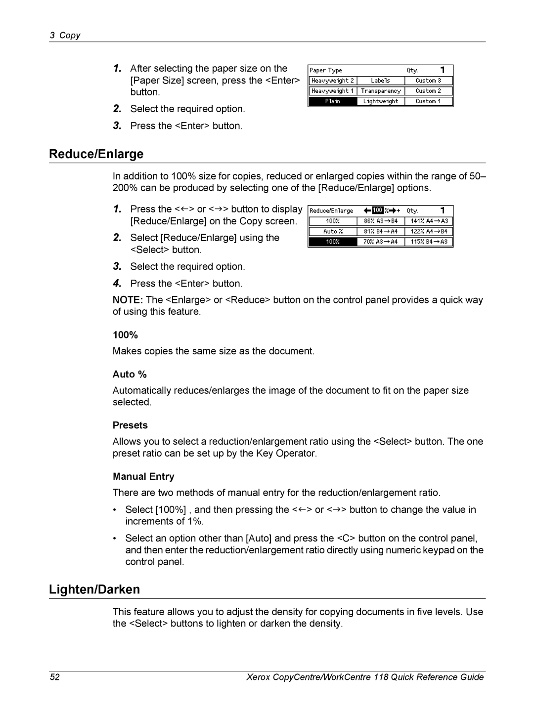 Xerox M118i, C118 manual Reduce/Enlarge, Lighten/Darken, 100%, Auto %, Manual Entry 