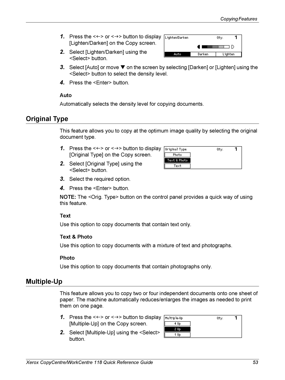 Xerox M118i, C118 manual Original Type, Multiple-Up, Text & Photo 