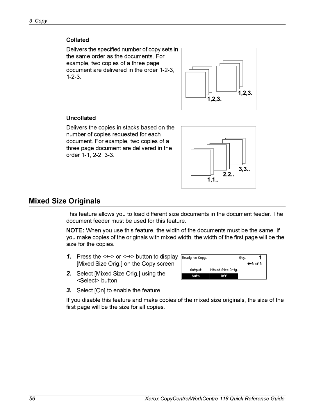 Xerox M118i, C118 manual Mixed Size Originals, Collated, Uncollated 