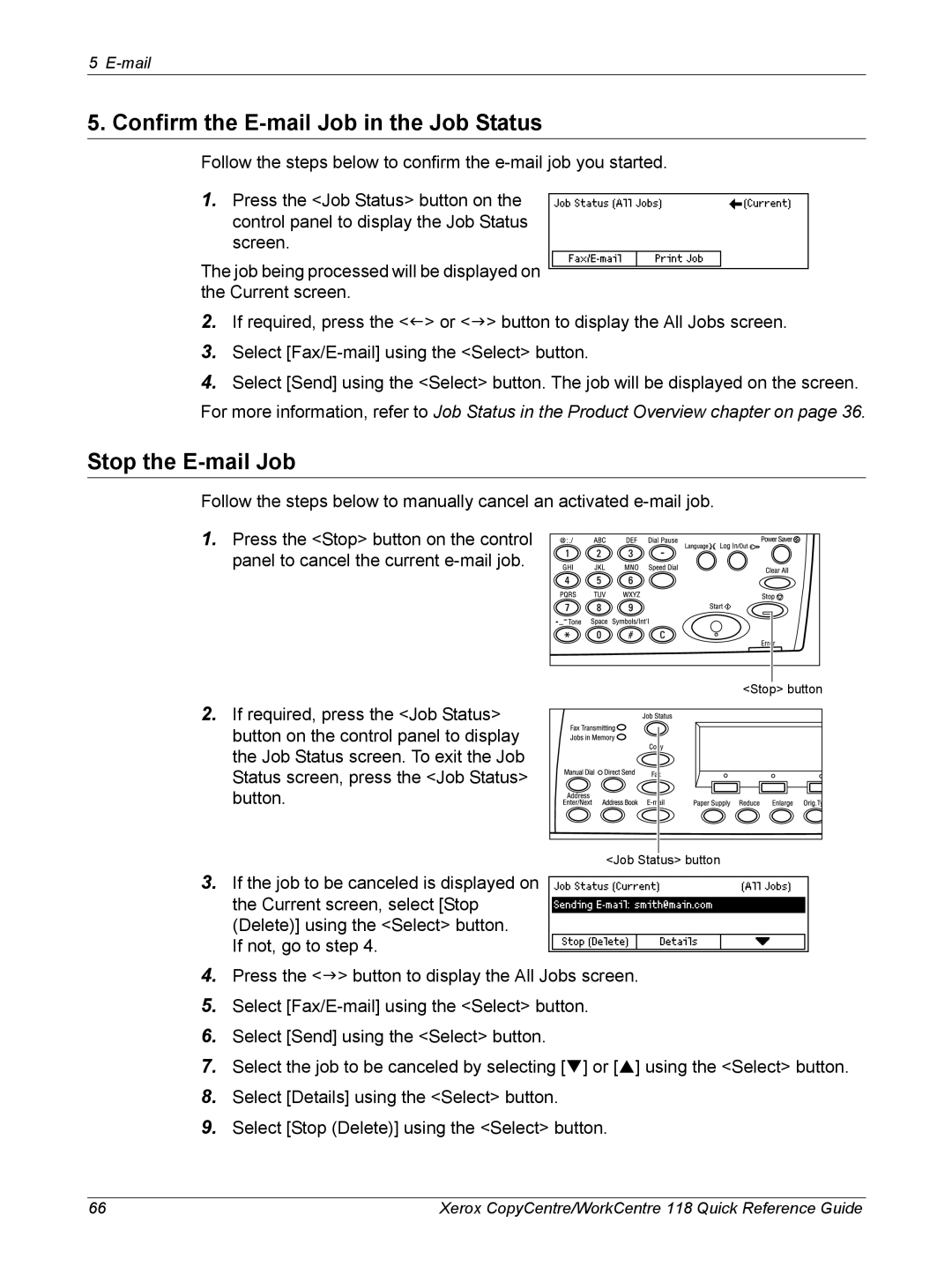 Xerox C118, M118i manual Confirm the E-mail Job in the Job Status, Stop the E-mail Job 