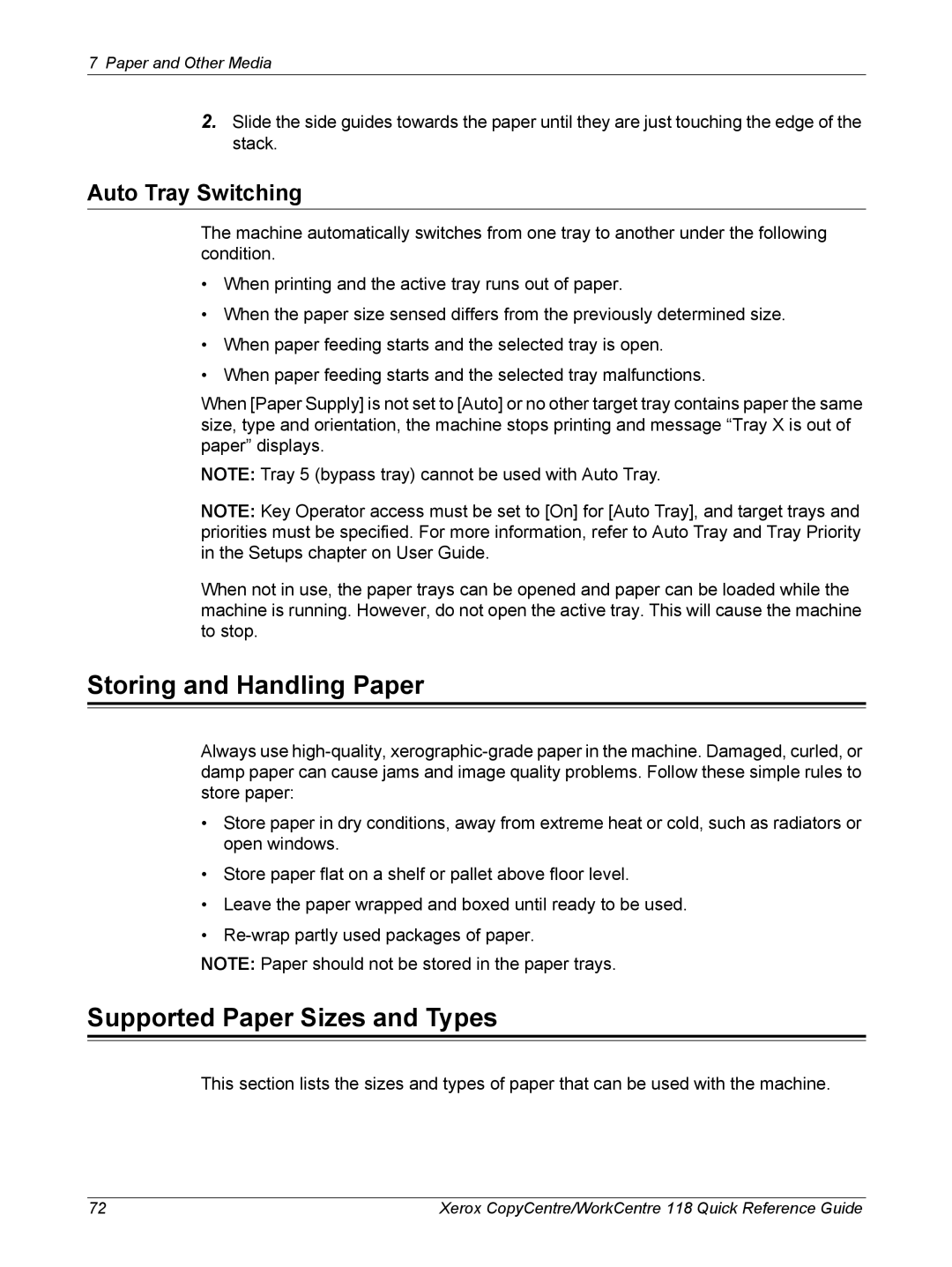 Xerox C118, M118i manual Storing and Handling Paper, Supported Paper Sizes and Types, Auto Tray Switching 