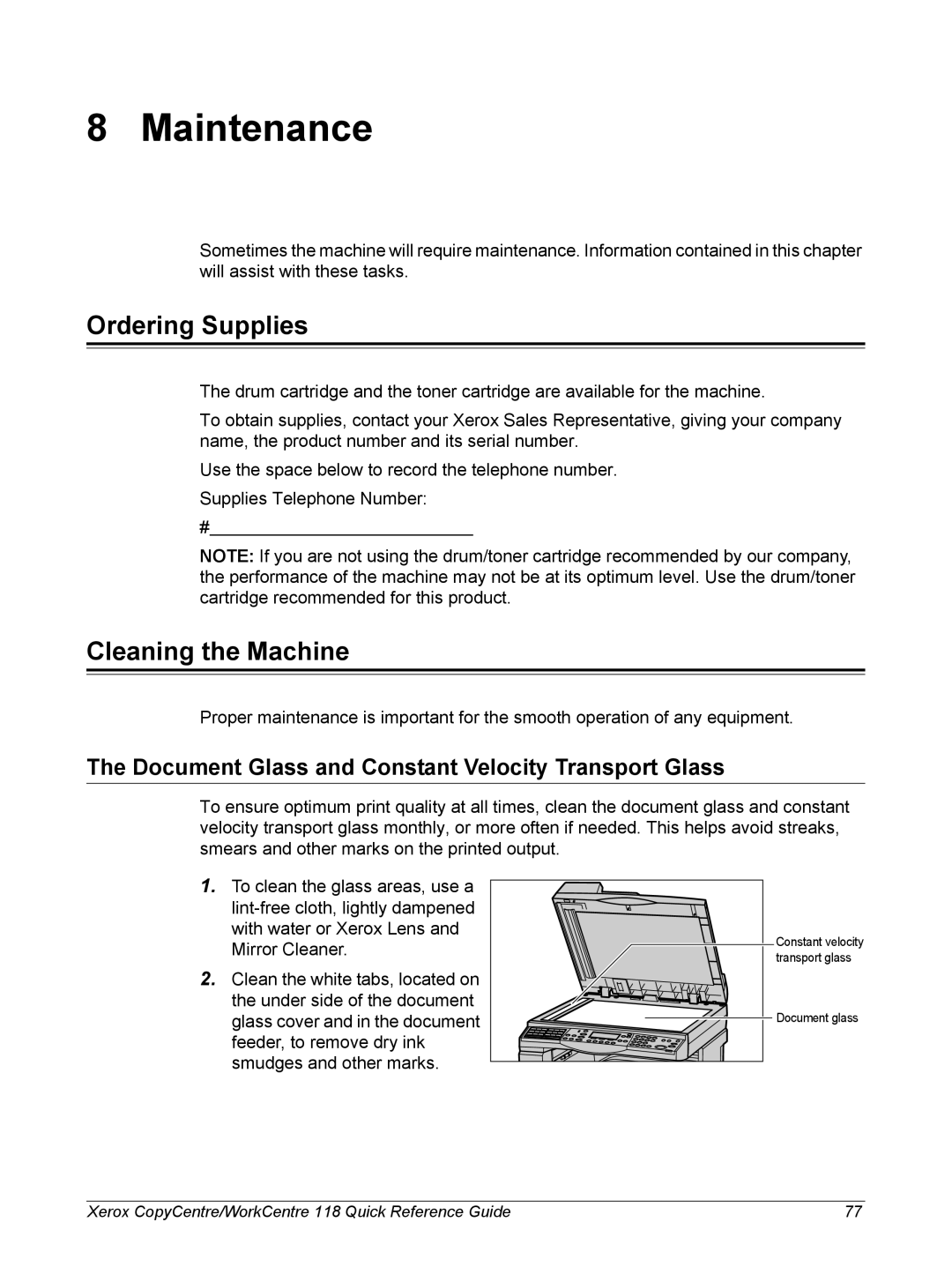 Xerox M118 Maintenance, Ordering Supplies, Cleaning the Machine, Document Glass and Constant Velocity Transport Glass 