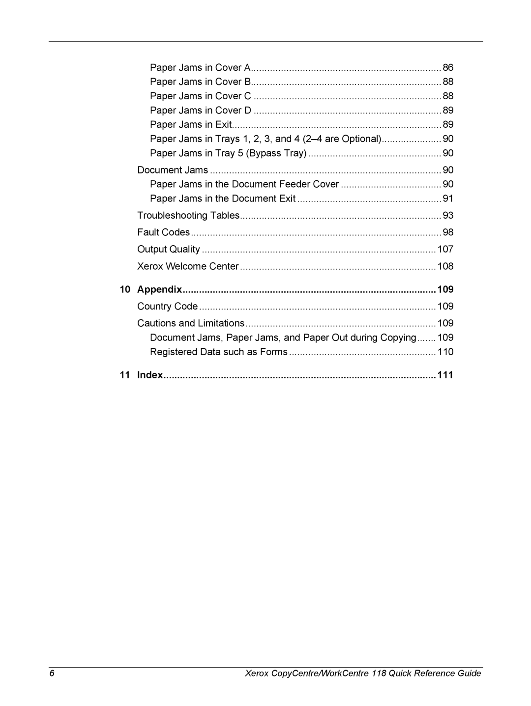 Xerox C118, M118i manual Appendix 109, Index 111 