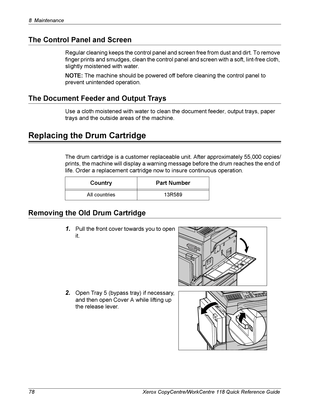 Xerox C118 Replacing the Drum Cartridge, Control Panel and Screen, Document Feeder and Output Trays, Country Part Number 