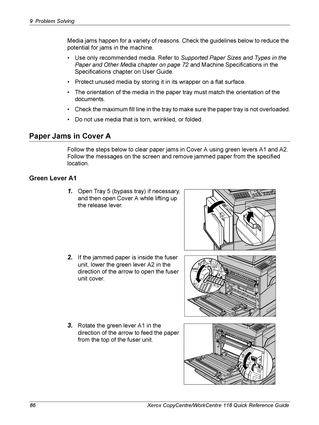 Xerox M118i, C118 manual Paper Jams in Cover a, Green Lever A1 