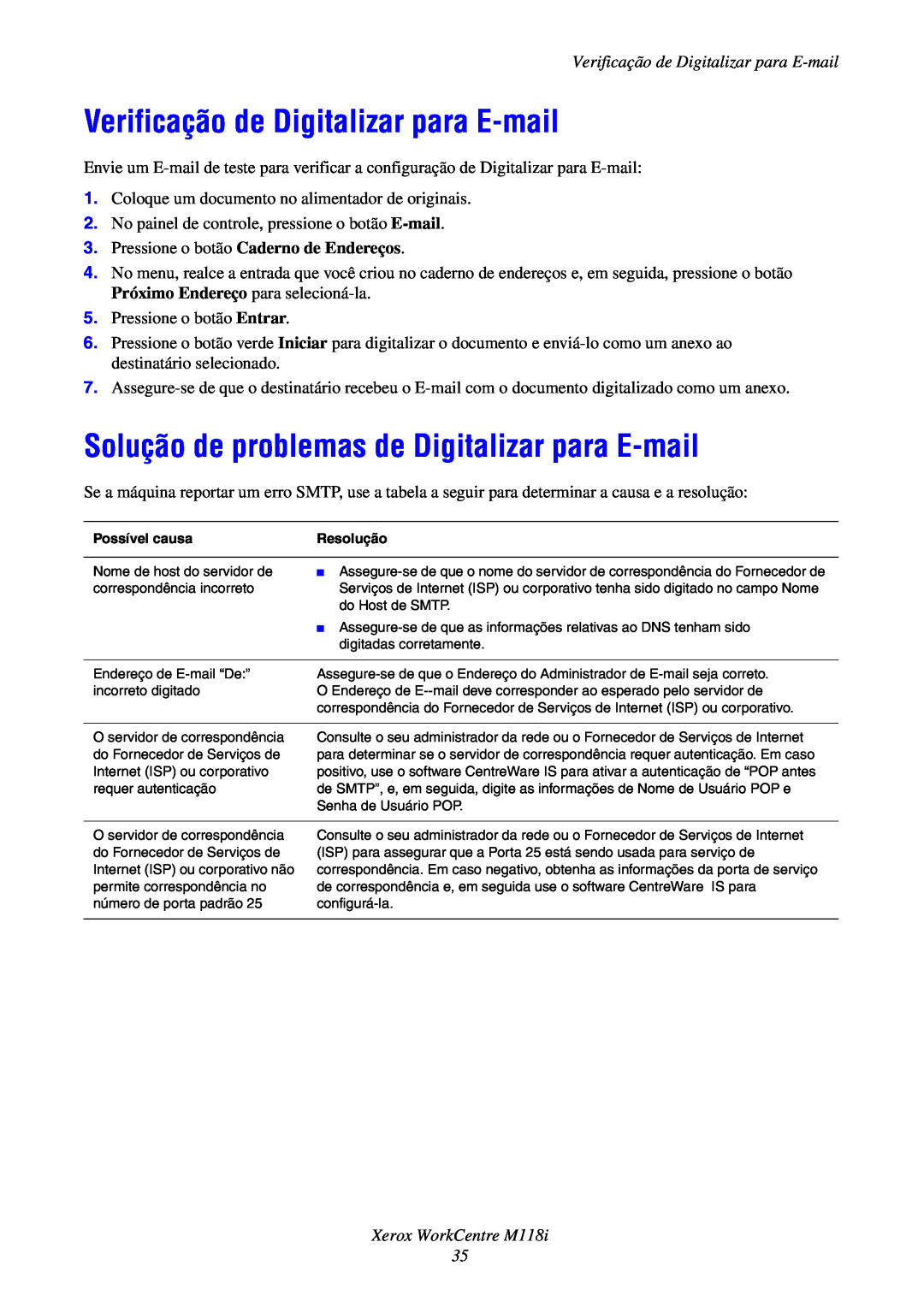 Xerox M118i manual Verificação de Digitalizar para E-mail, Solução de problemas de Digitalizar para E-mail 