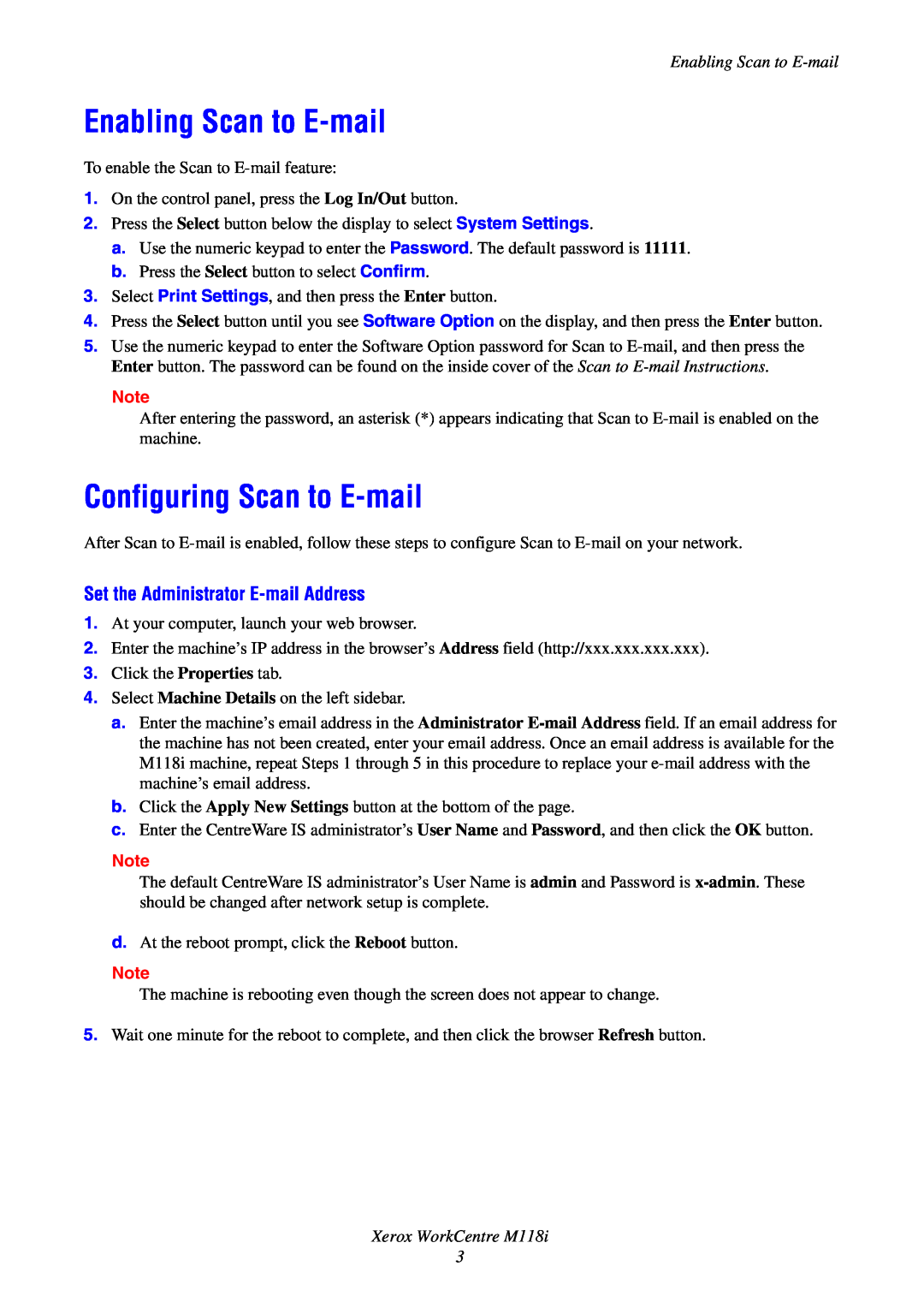 Xerox M118i manual Enabling Scan to E-mail, Configuring Scan to E-mail, Set the Administrator E-mailAddress 