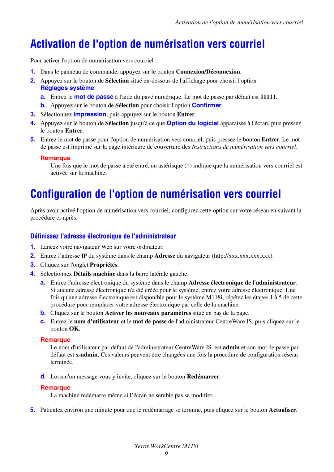 Xerox M118i manual Activation de loption de numérisation vers courriel, Définissez ladresse électronique de ladministrateur 