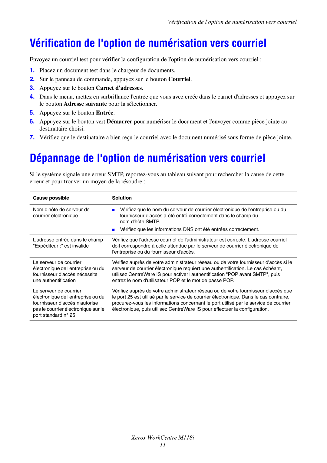 Xerox M118i Vérification de loption de numérisation vers courriel, Dépannage de loption de numérisation vers courriel 