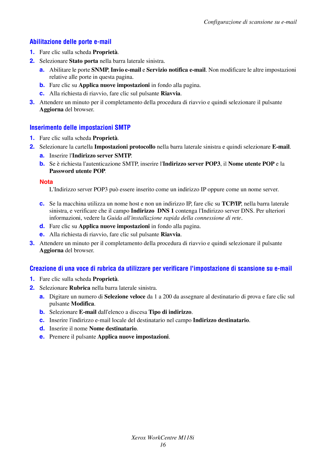 Xerox M118i Abilitazione delle porte e-mail, Inserimento delle impostazioni Smtp, Configurazione di scansione su e-mail 