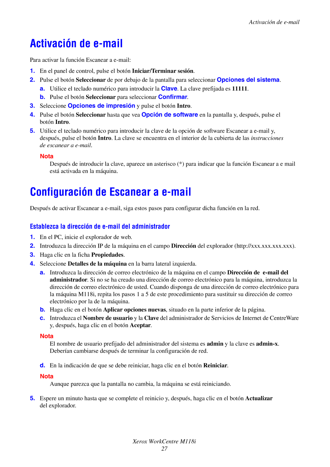 Xerox M118i Activación de e-mail, Configuración de Escanear a e-mail, Establezca la dirección de e-mail del administrador 