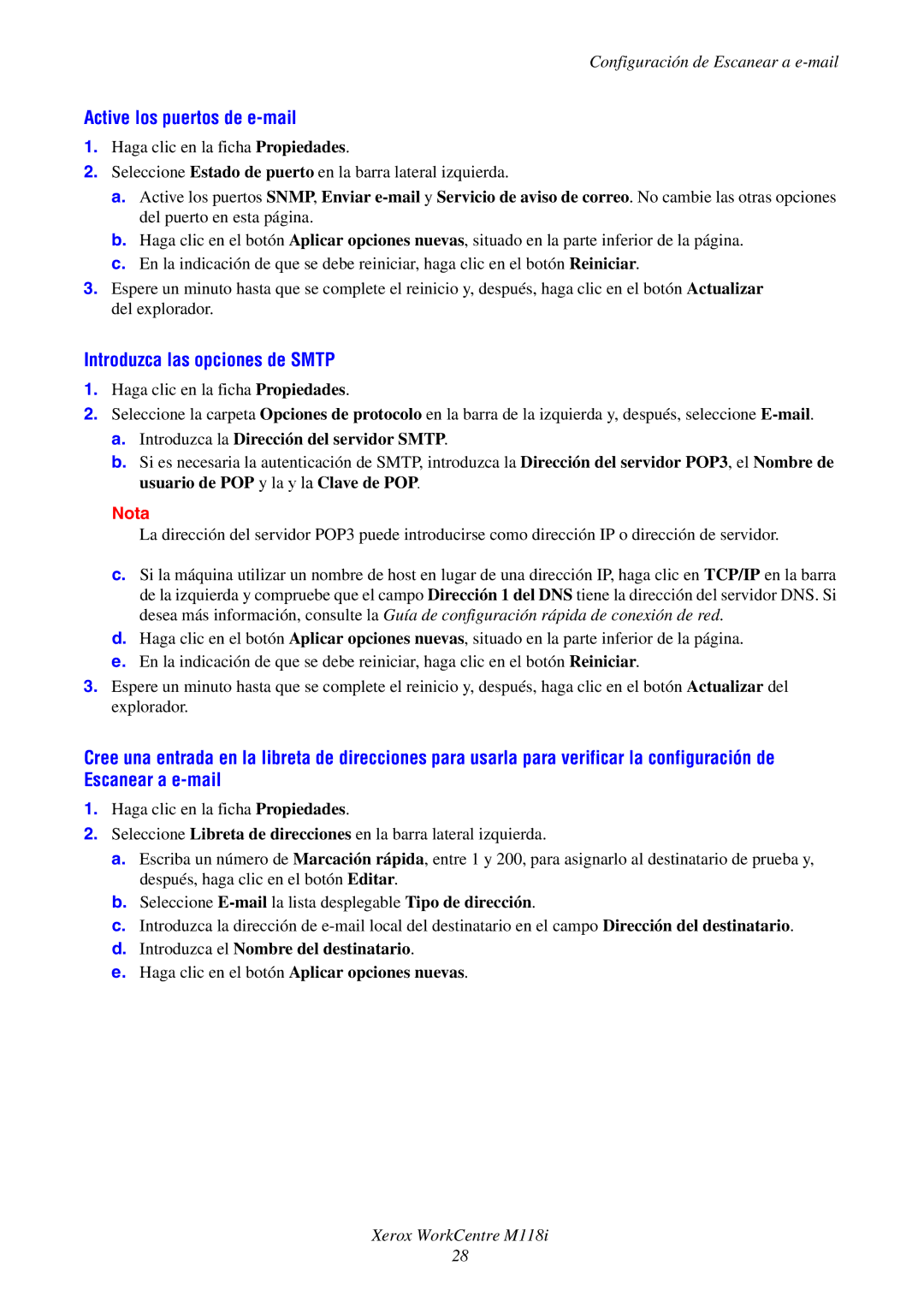 Xerox M118i manual Active los puertos de e-mail, Introduzca las opciones de Smtp, Configuración de Escanear a e-mail 