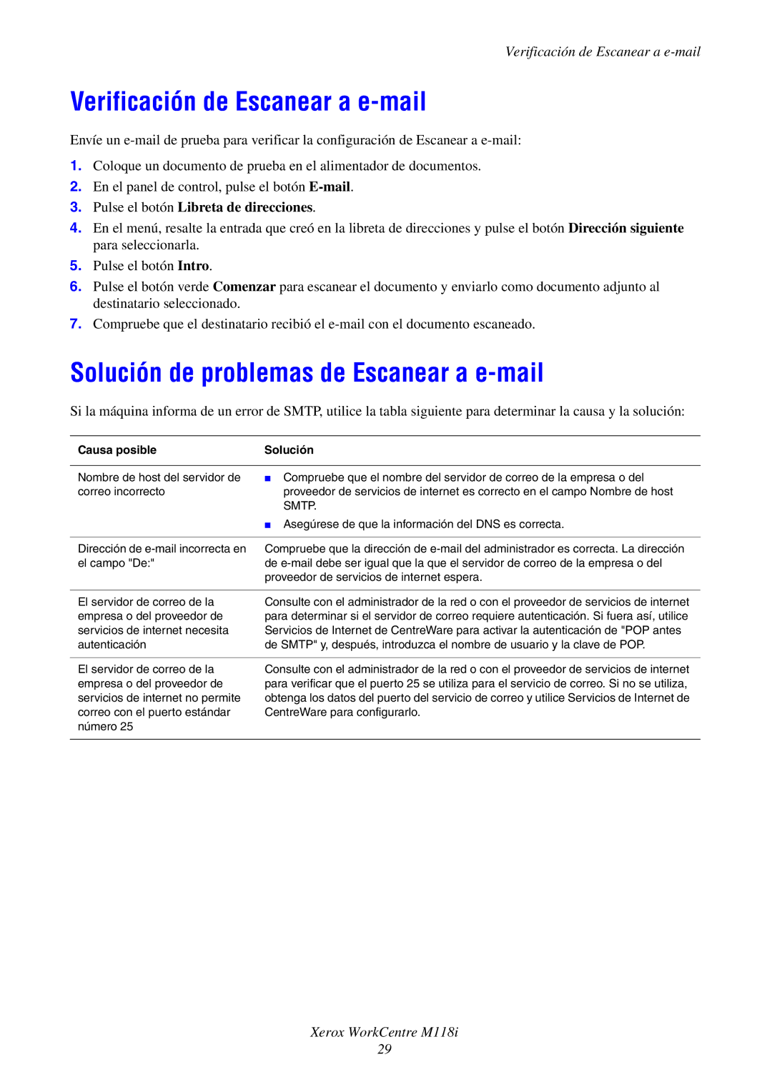 Xerox M118i manual Verificación de Escanear a e-mail, Solución de problemas de Escanear a e-mail, Causa posible Solución 