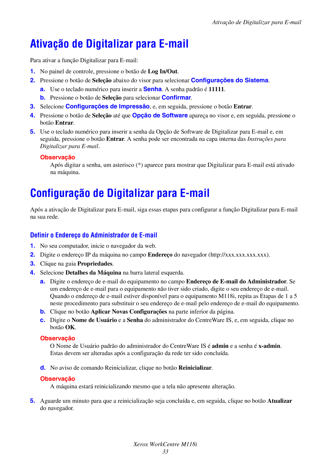 Xerox M118i manual Ativação de Digitalizar para E-mail, Configuração de Digitalizar para E-mail, Observação 