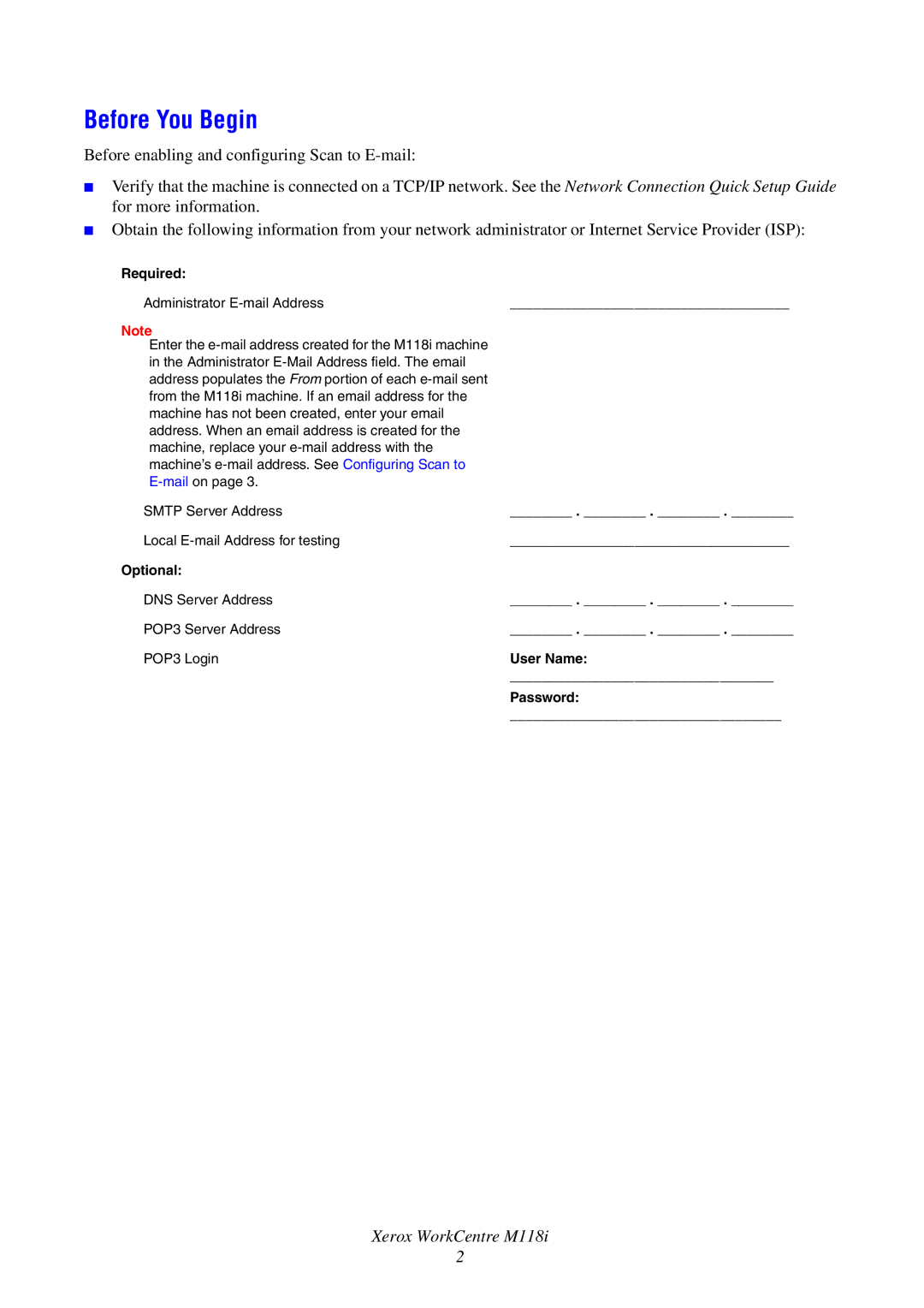 Xerox M118i manual Required, Optional, User Name, Password 