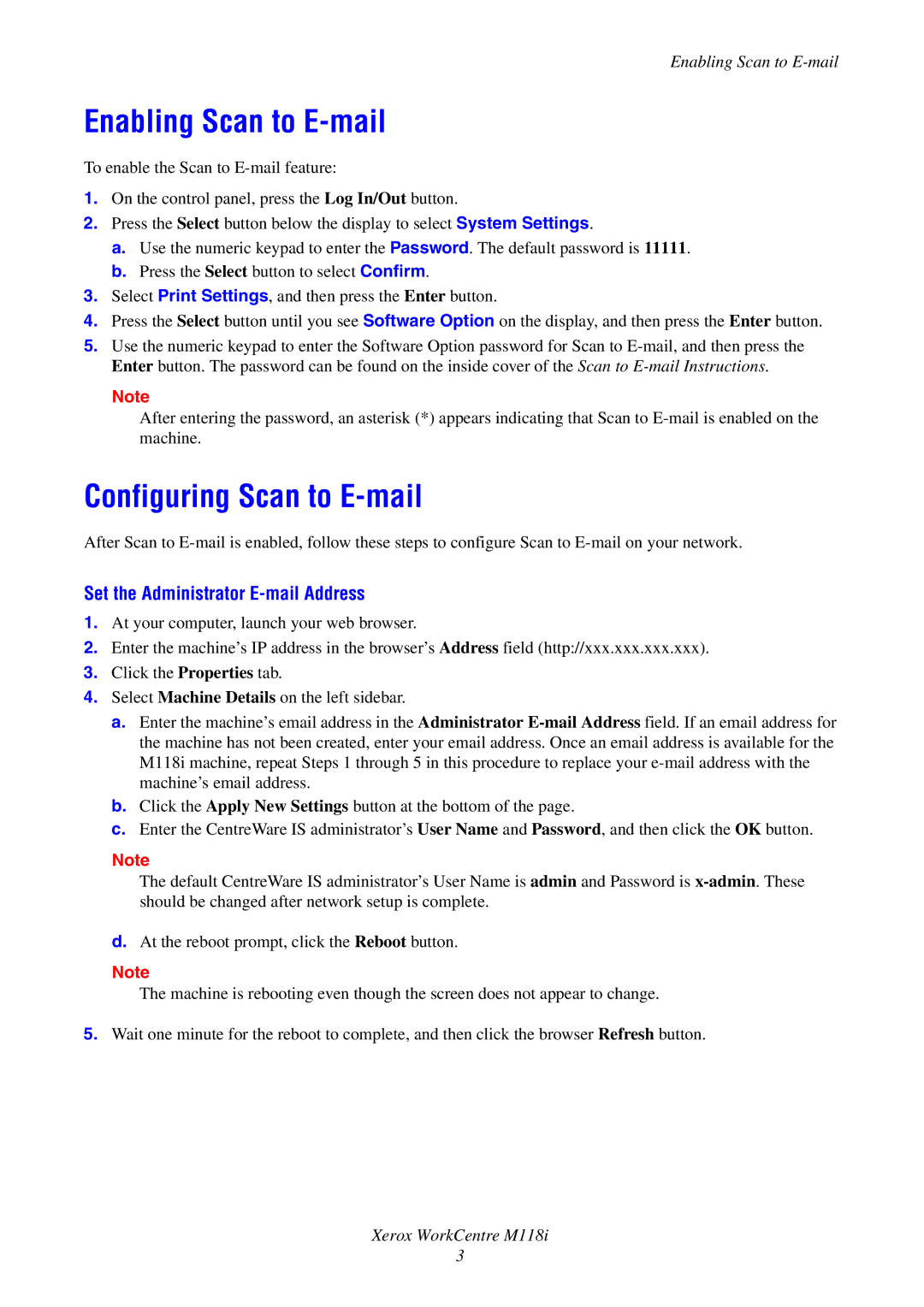 Xerox M118i manual Enabling Scan to E-mail, Configuring Scan to E-mail, Set the Administrator E-mail Address 