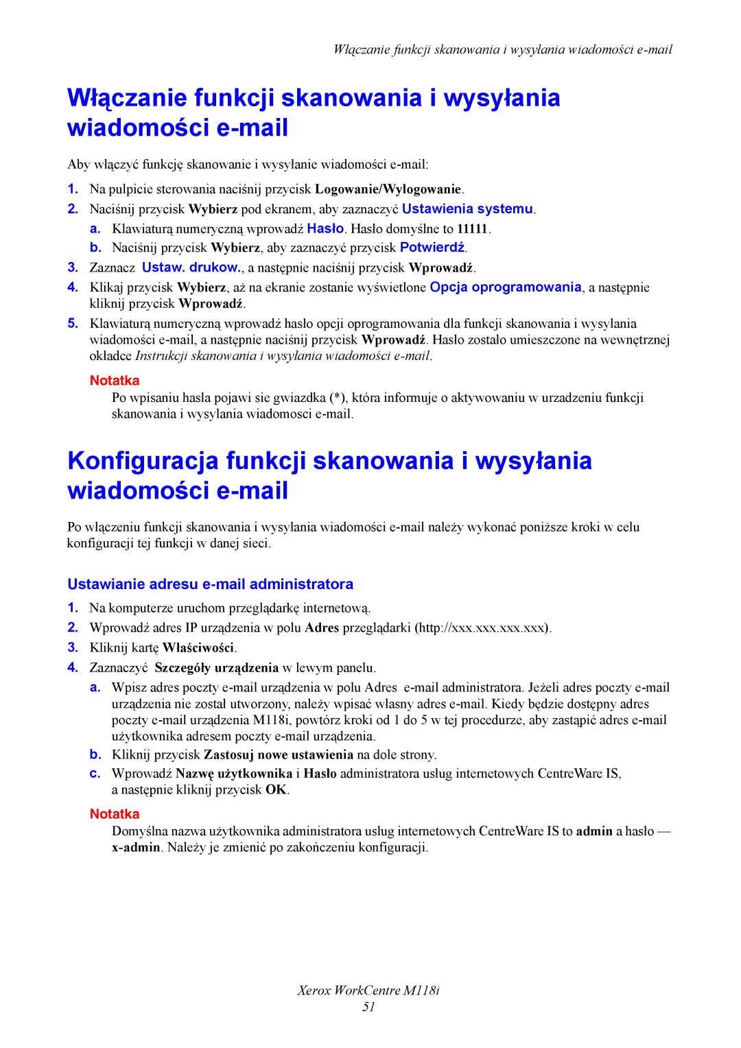 Xerox M118i Włączanie funkcji skanowania i wysyłania wiadomości e-mail, Ustawianie adresu e-mail administratora, Notatka 