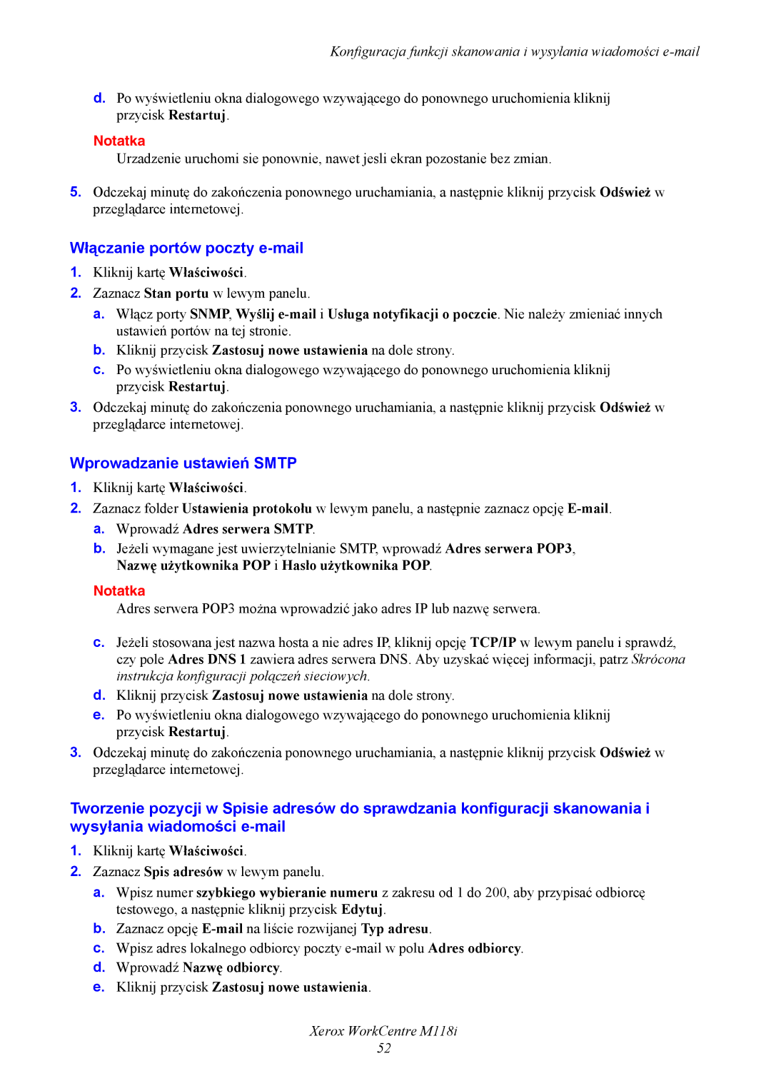 Xerox M118i manual Włączanie portów poczty e-mail, Wprowadzanie ustawień Smtp, Wprowadź Adres serwera Smtp 