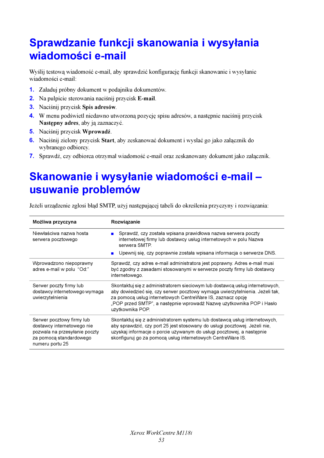 Xerox M118i manual Skanowanie i wysyłanie wiadomości e-mail usuwanie problemów, Możliwa przyczyna Rozwiązanie 