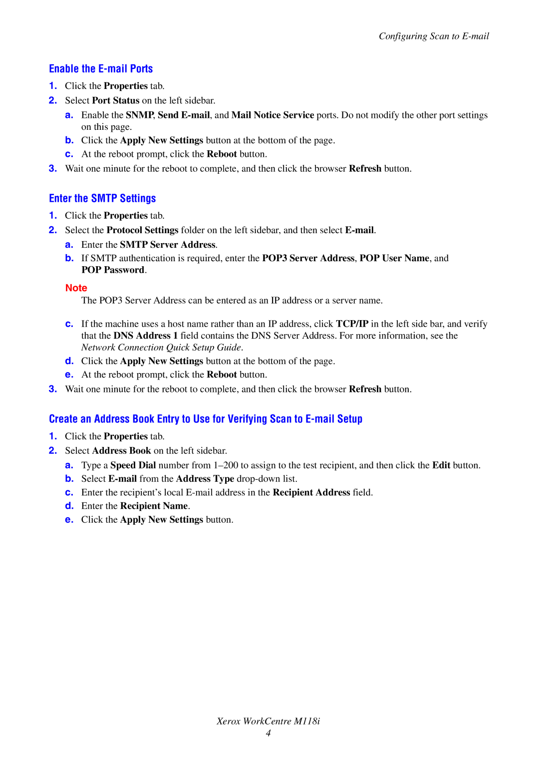 Xerox M118i Enable the E-mail Ports, Enter the Smtp Settings, Configuring Scan to E-mail, Enter the Smtp Server Address 