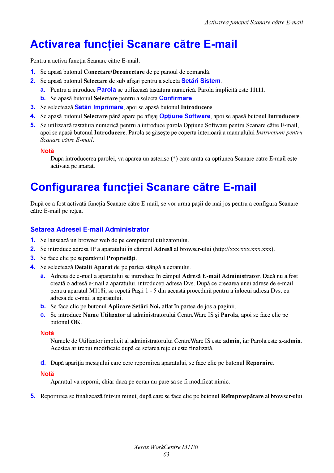 Xerox M118i manual Activarea funcţiei Scanare către E-mail, Configurarea funcţiei Scanare către E-mail 