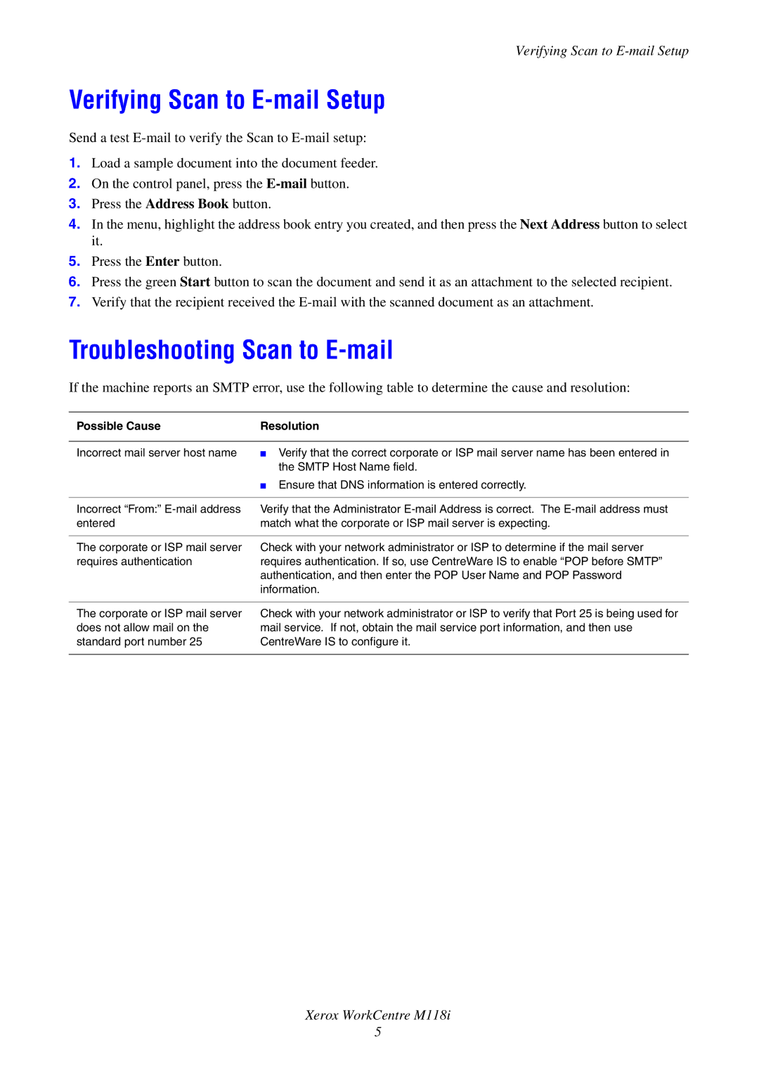 Xerox M118i manual Verifying Scan to E-mail Setup, Troubleshooting Scan to E-mail, Possible Cause Resolution 