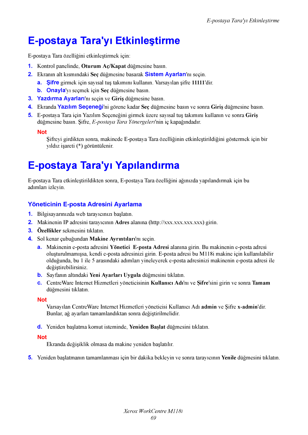 Xerox M118i manual Postaya Tarayı Etkinleştirme, Postaya Tarayı Yapılandırma, Yöneticinin E-posta Adresini Ayarlama, Not 