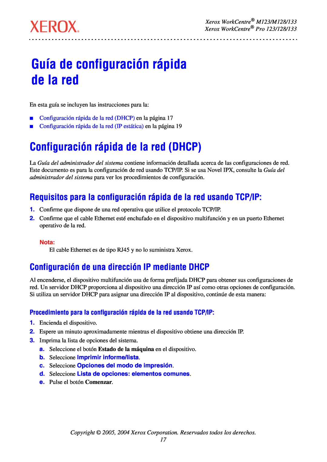 Xerox Guía de configuración rápida de la red, Configuración rápida de la red DHCP, Xerox WorkCentre M123/M128/133, Nota 