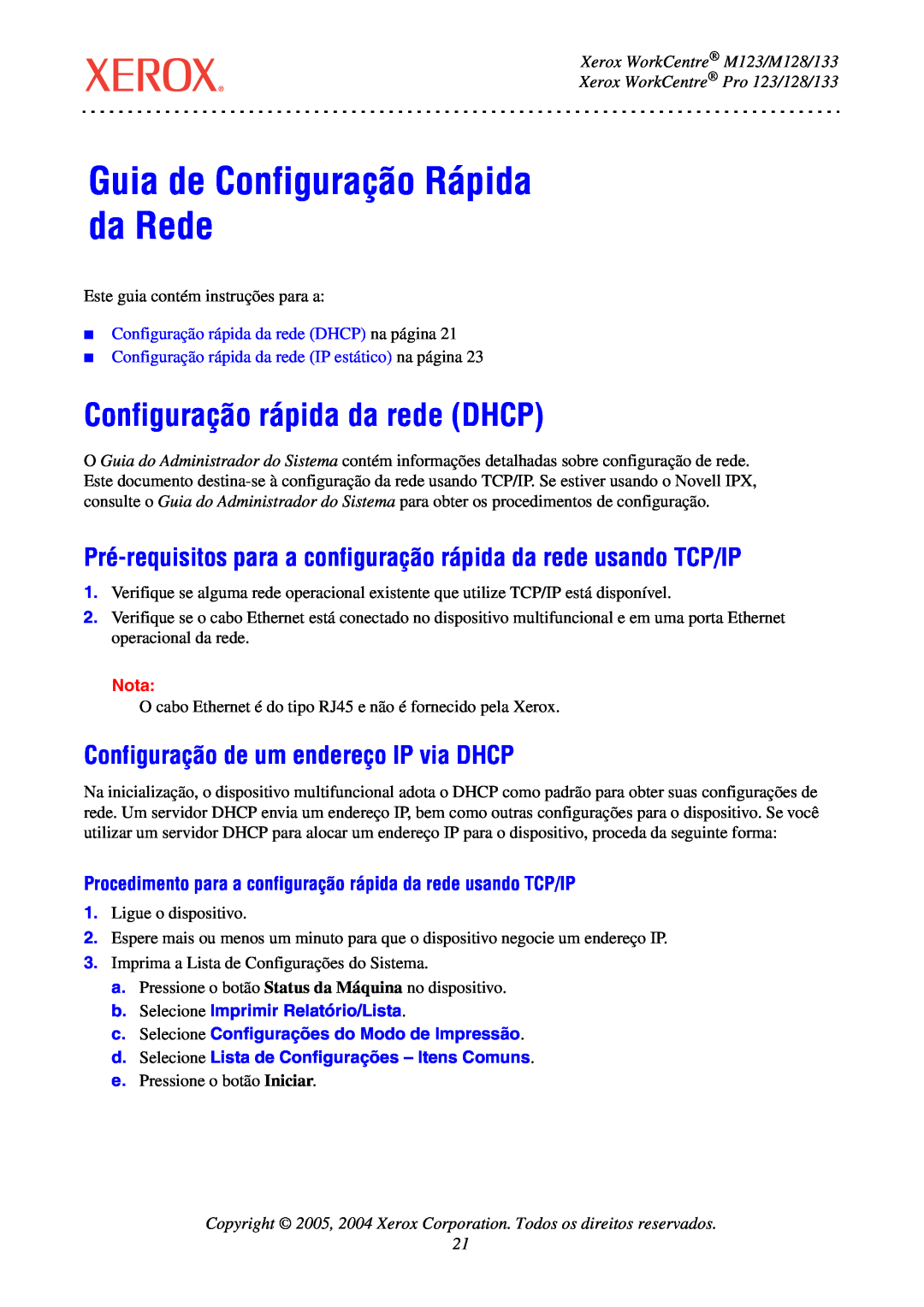 Xerox manual Guia de Configuração Rápida da Rede, Configuração rápida da rede DHCP, Xerox WorkCentre M123/M128/133, Nota 